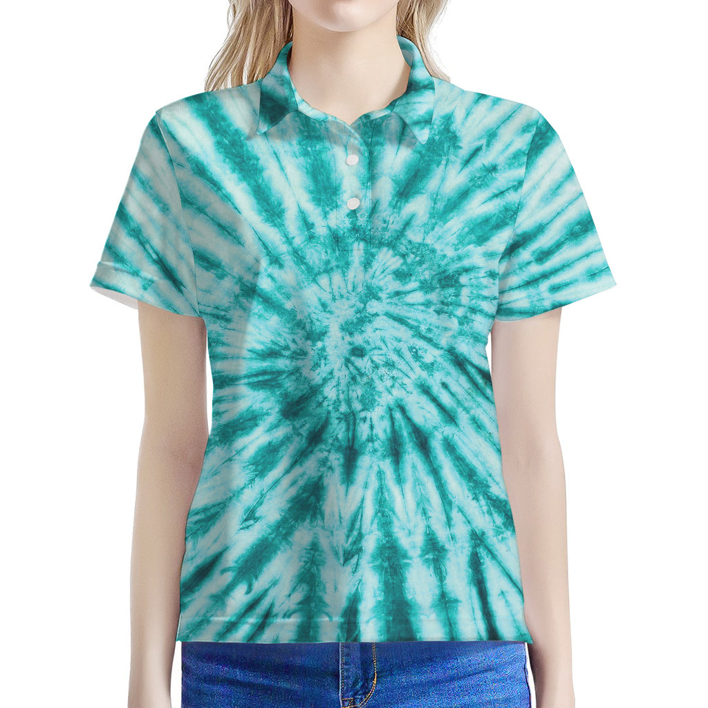 Turquoise Tie Dye Print Women's Polo Shirt