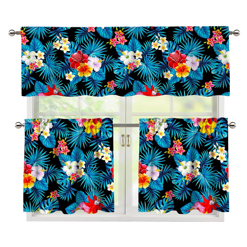 Turquoise Tropical Hawaii Pattern Print 3 Piece Kitchen Curtains