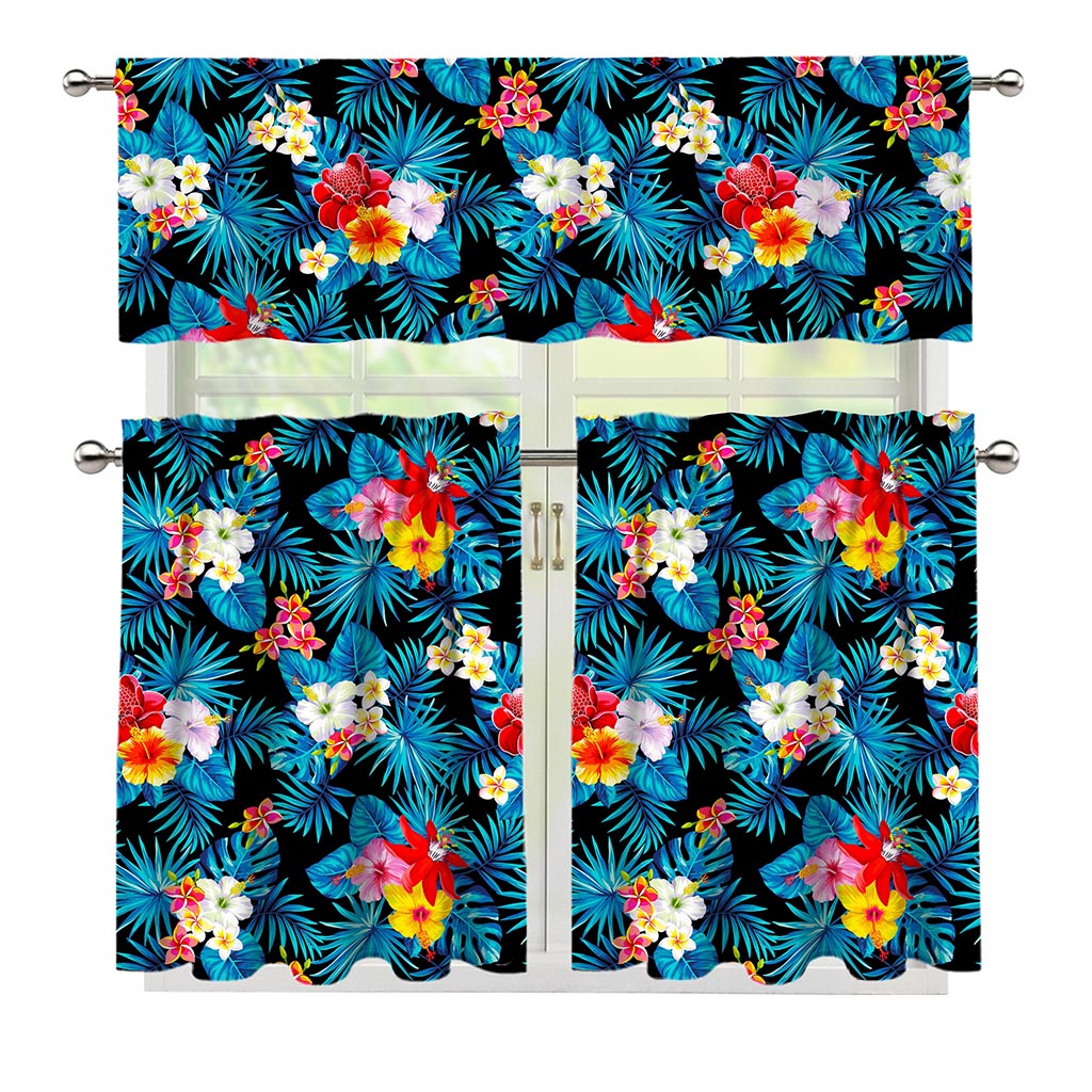 Turquoise Tropical Hawaii Pattern Print 3 Piece Kitchen Curtains