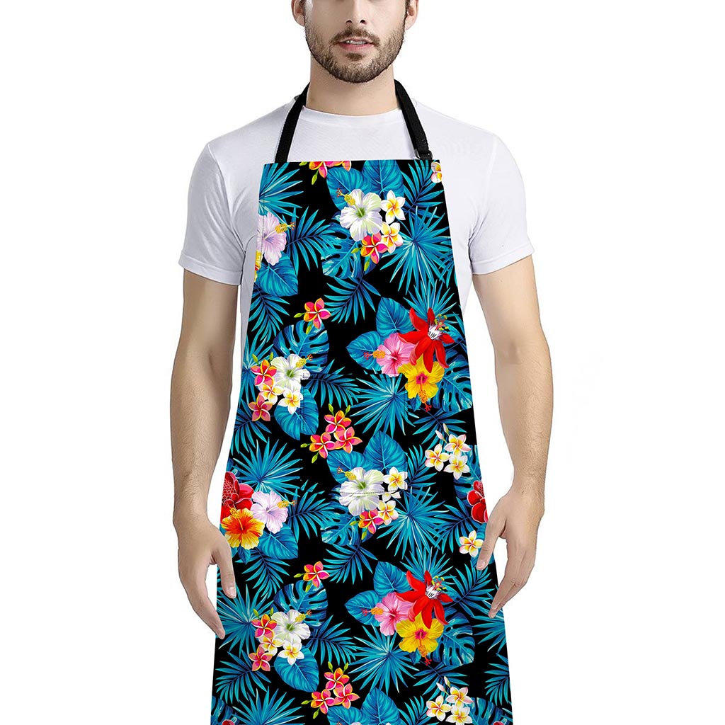 Turquoise Tropical Hawaii Pattern Print Bib Apron With Pocket