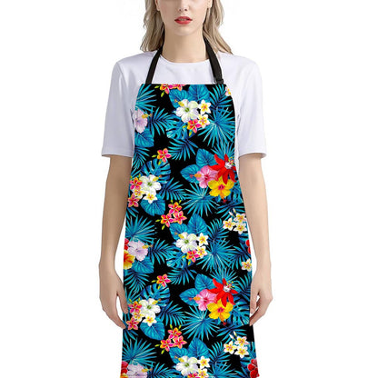 Turquoise Tropical Hawaii Pattern Print Bib Apron With Pocket