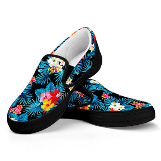 Turquoise Tropical Hawaii Pattern Print Black Slip On Sneakers