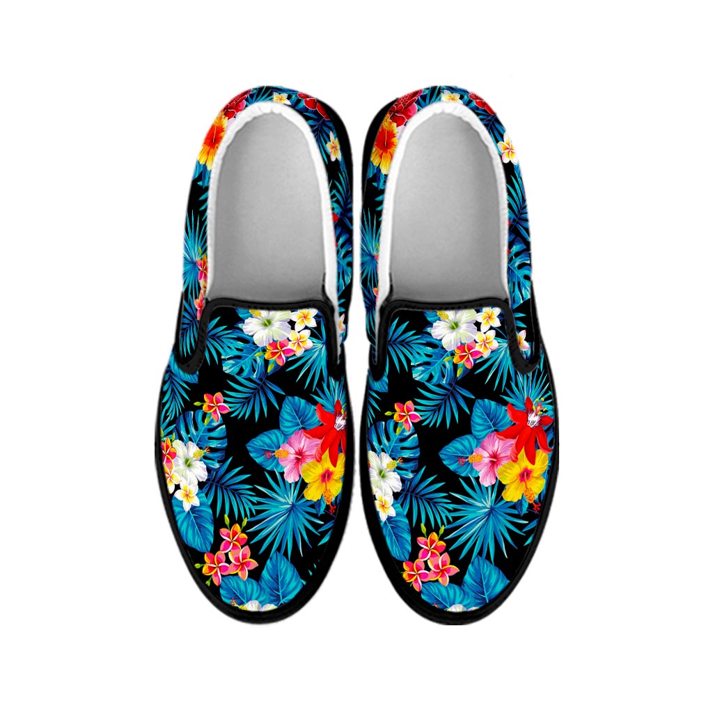 Turquoise Tropical Hawaii Pattern Print Black Slip On Sneakers