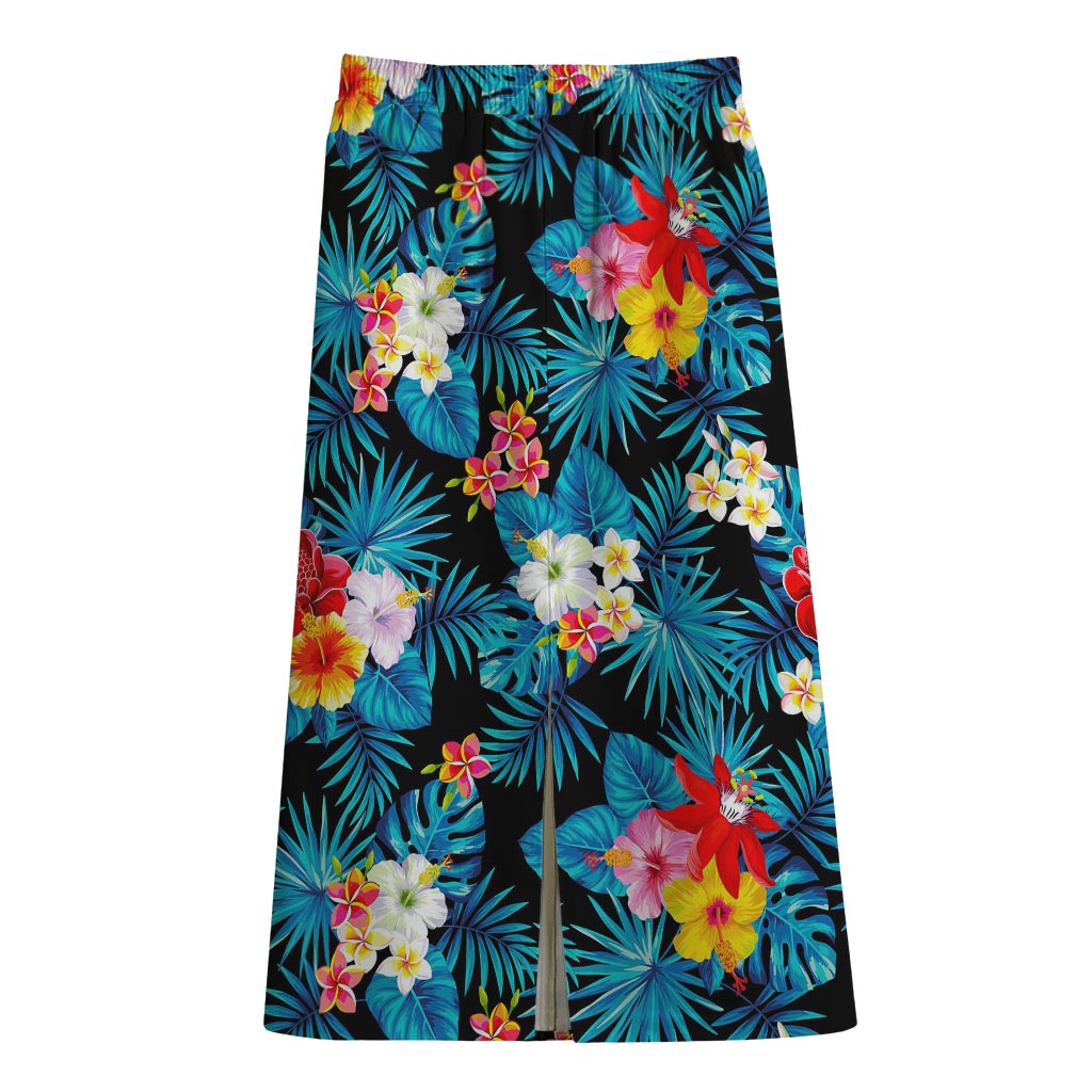 Turquoise Tropical Hawaii Pattern Print Cotton Front Slit Maxi Skirt