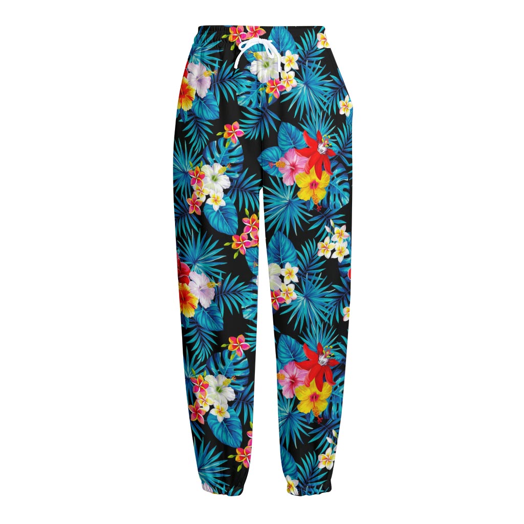 Turquoise Tropical Hawaii Pattern Print Fleece Lined Knit Pants