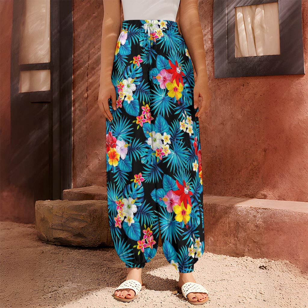 Turquoise Tropical Hawaii Pattern Print Harem Pants