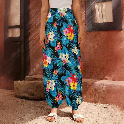 Turquoise Tropical Hawaii Pattern Print Harem Pants