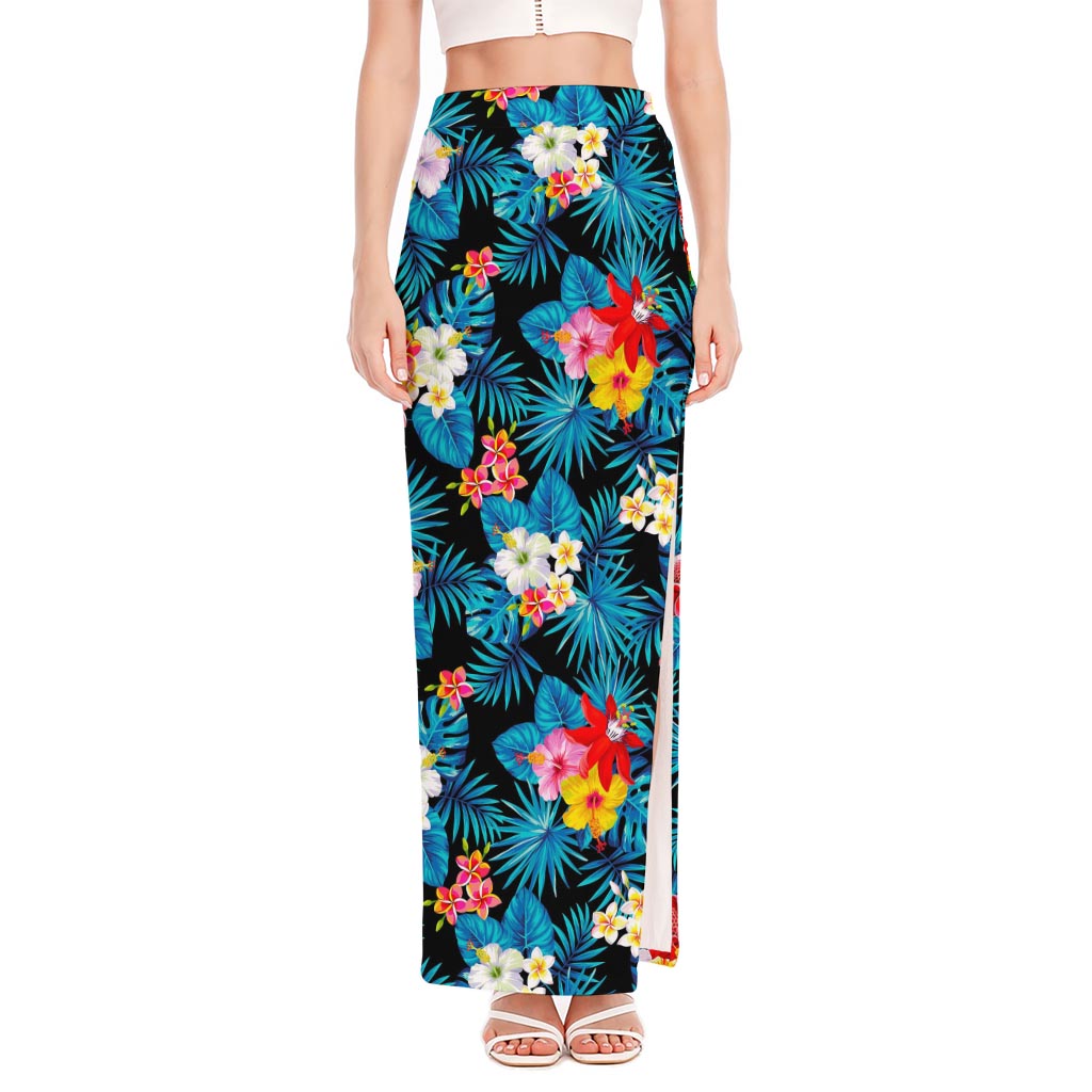 Turquoise Tropical Hawaii Pattern Print High Slit Maxi Skirt