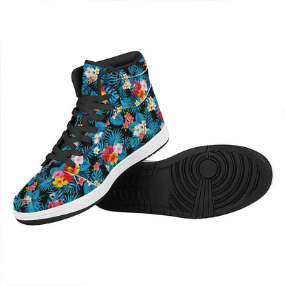 Turquoise Tropical Hawaii Pattern Print High Top Leather Sneakers