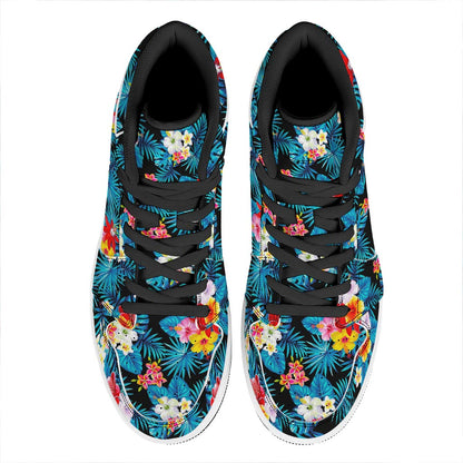 Turquoise Tropical Hawaii Pattern Print High Top Leather Sneakers
