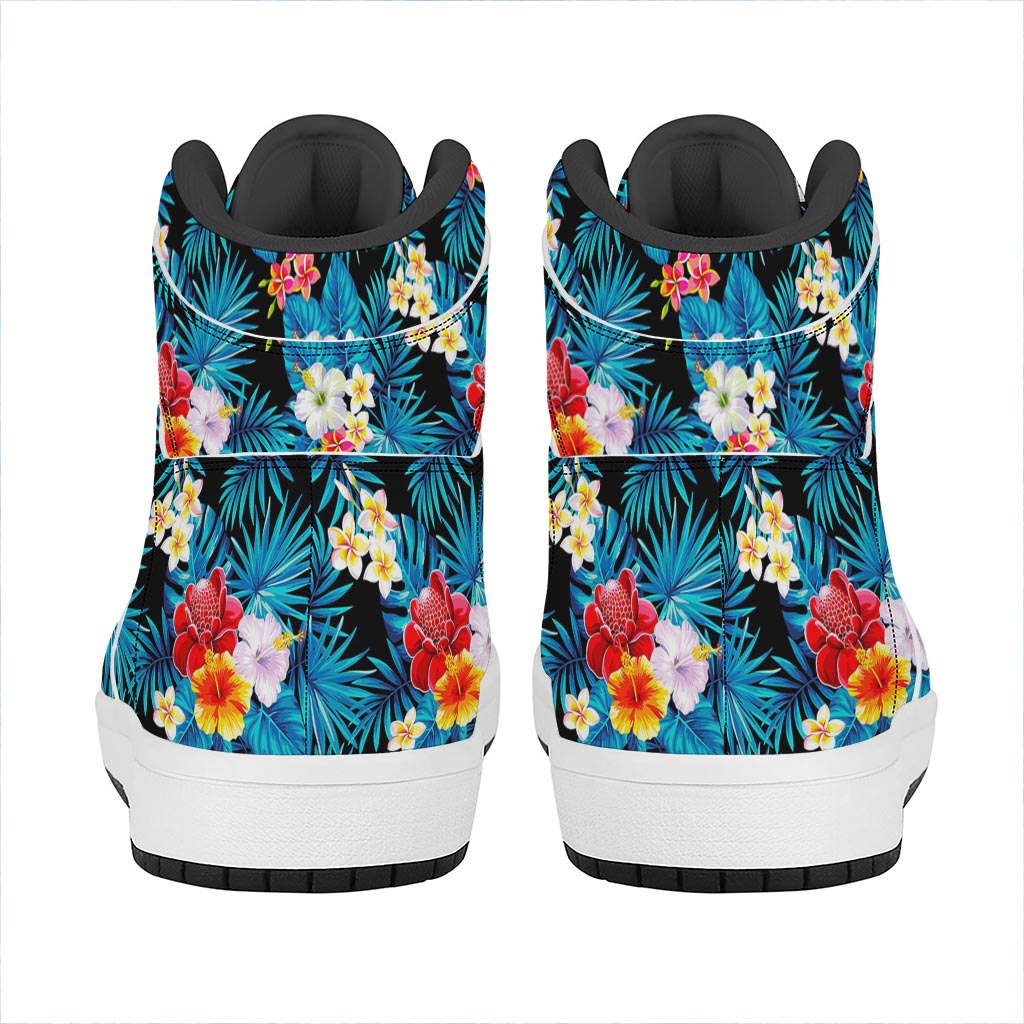 Turquoise Tropical Hawaii Pattern Print High Top Leather Sneakers
