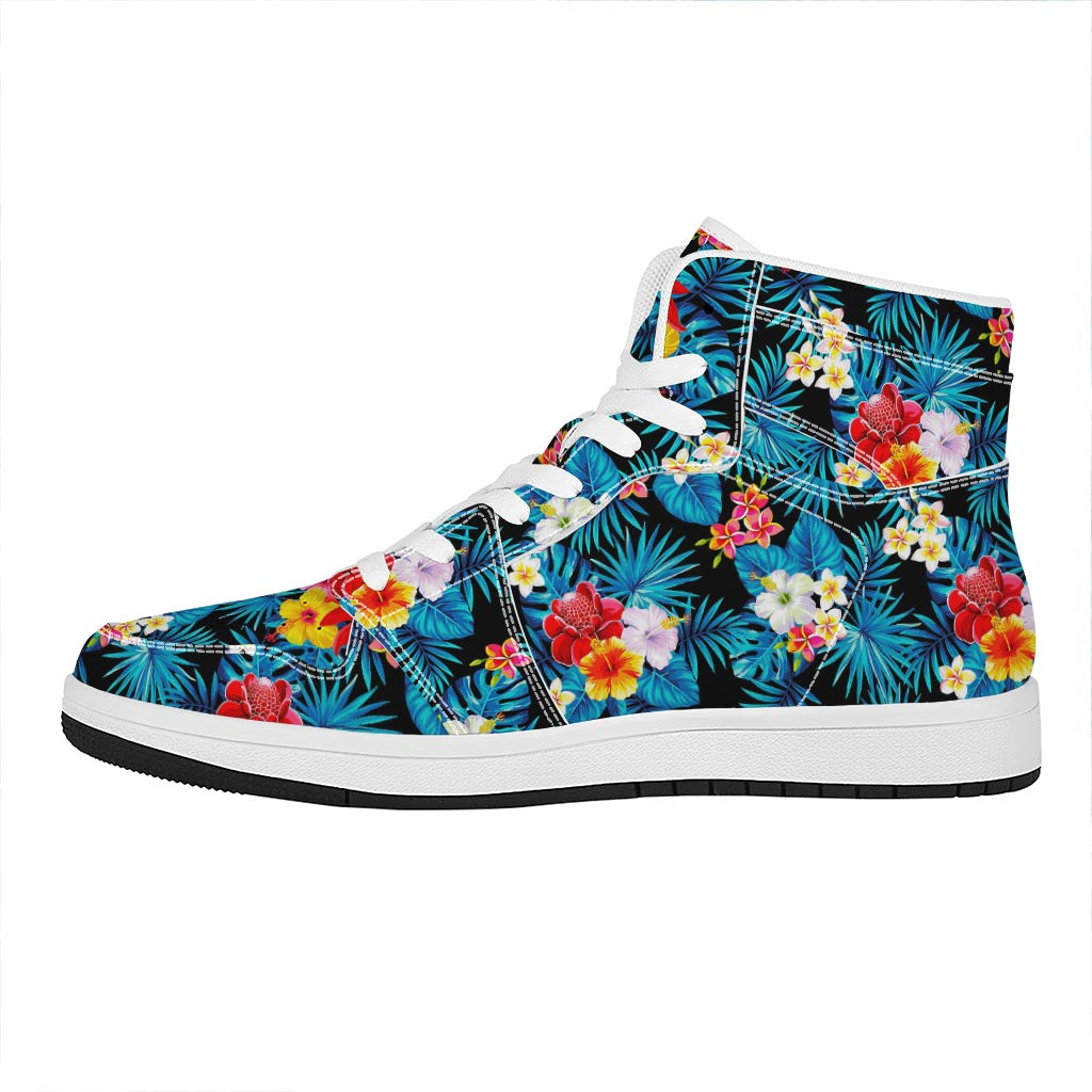 Turquoise Tropical Hawaii Pattern Print High Top Leather Sneakers