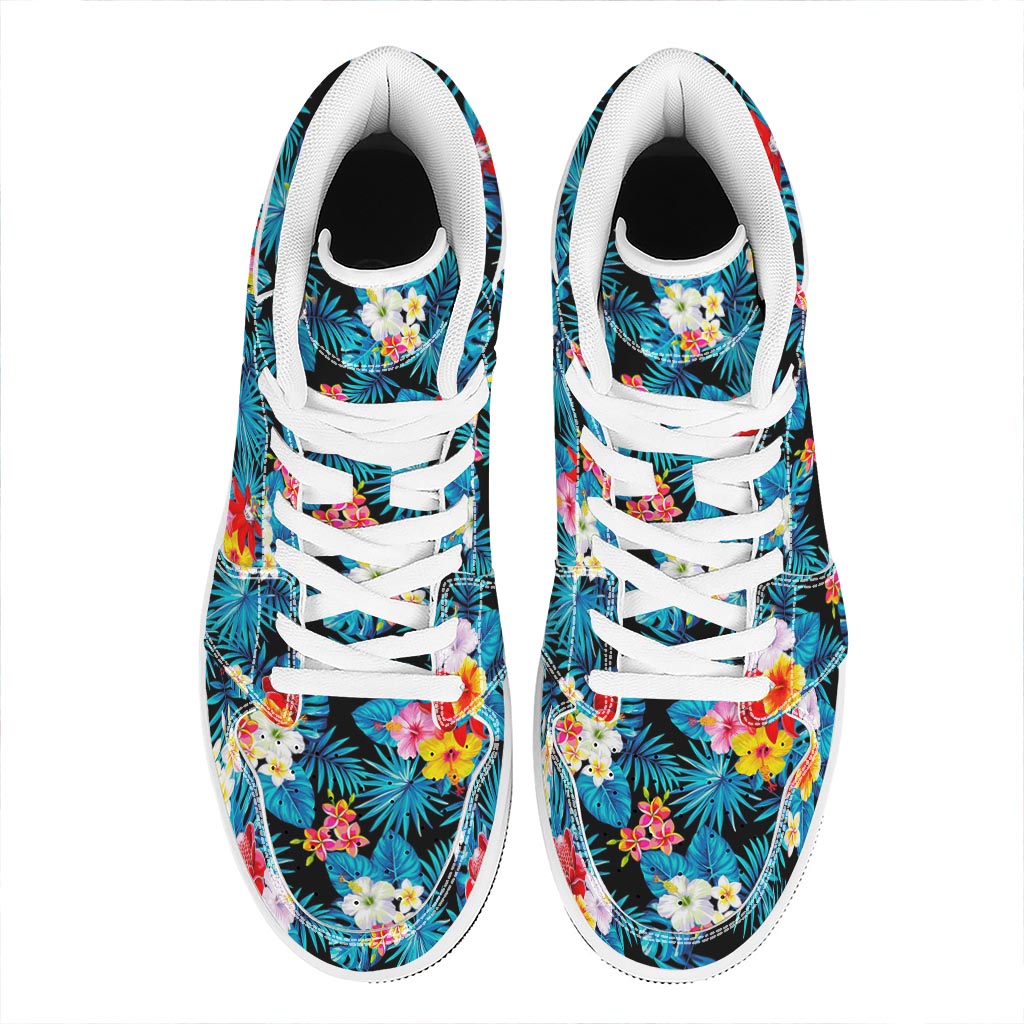 Turquoise Tropical Hawaii Pattern Print High Top Leather Sneakers