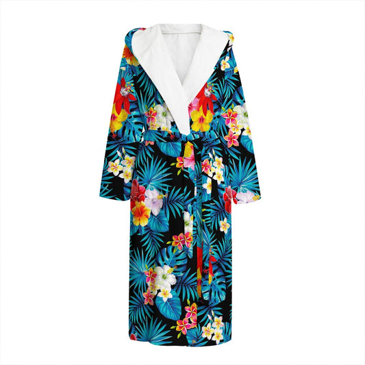 Turquoise Tropical Hawaii Pattern Print Hooded Bathrobe