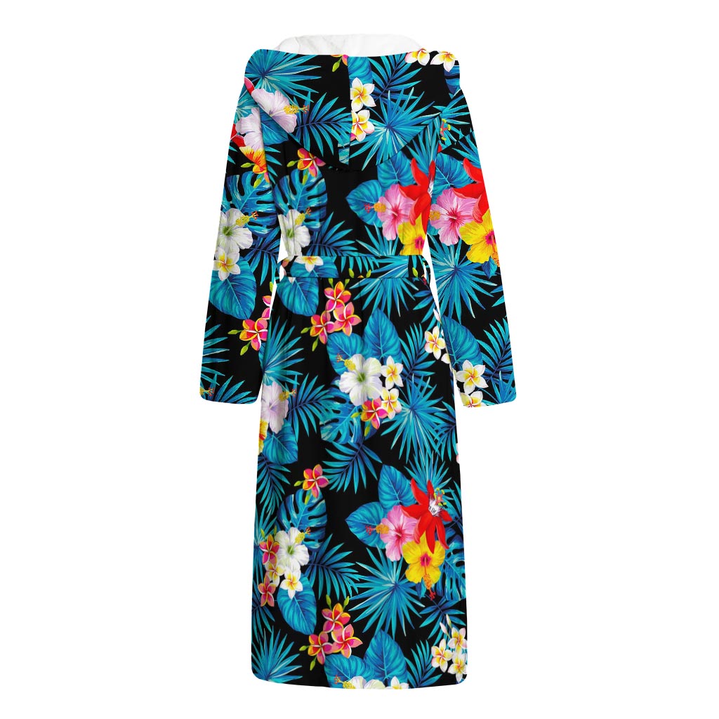 Turquoise Tropical Hawaii Pattern Print Hooded Bathrobe