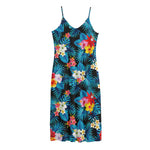 Turquoise Tropical Hawaii Pattern Print Jersey Midi Cami Dress