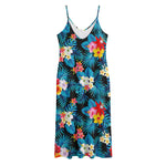 Turquoise Tropical Hawaii Pattern Print Jersey Midi Cami Dress