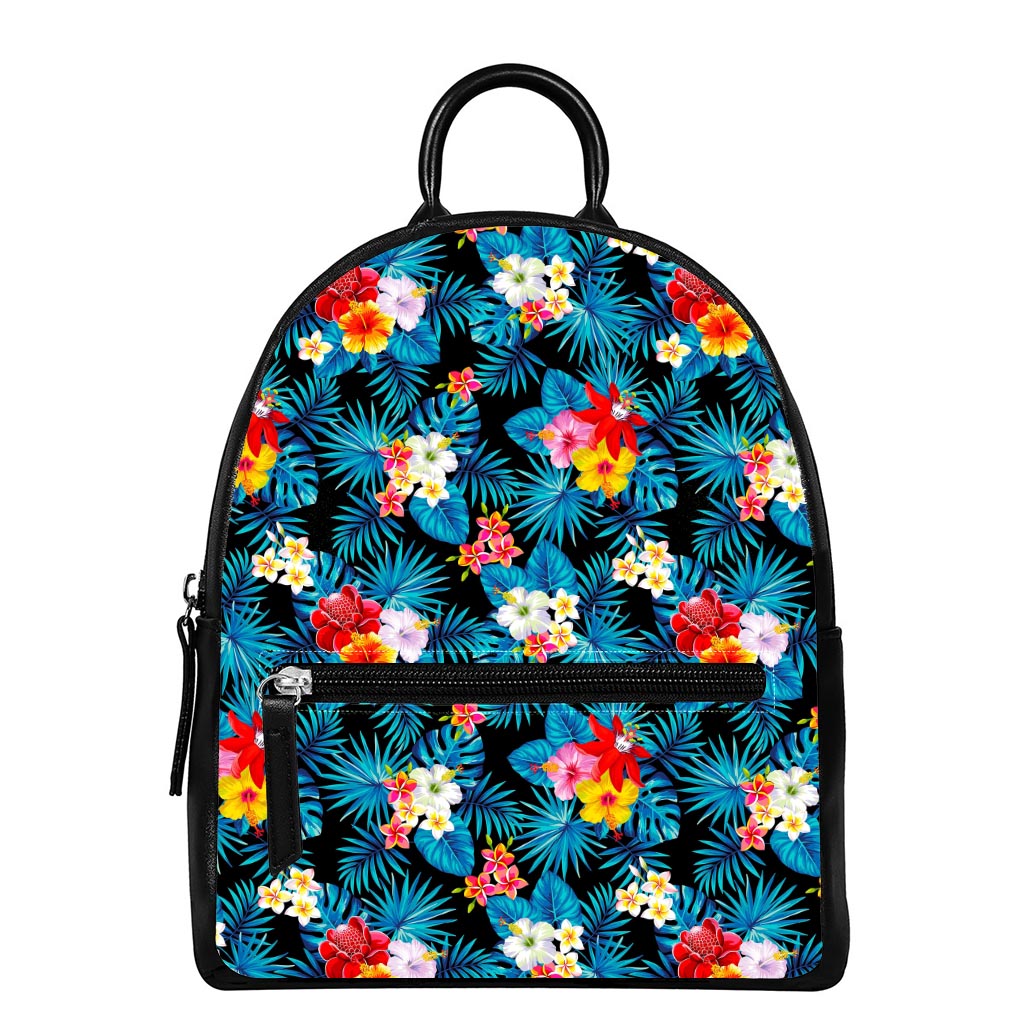 Turquoise Tropical Hawaii Pattern Print Leather Backpack