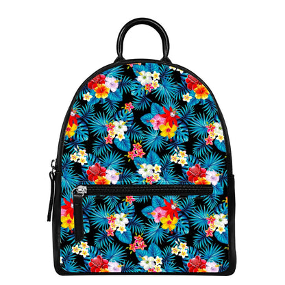 Turquoise Tropical Hawaii Pattern Print Leather Backpack