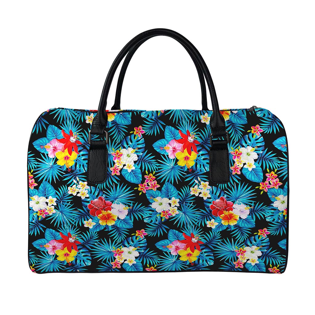 Turquoise Tropical Hawaii Pattern Print Leather Duffle Bag