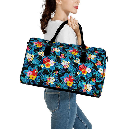 Turquoise Tropical Hawaii Pattern Print Leather Duffle Bag