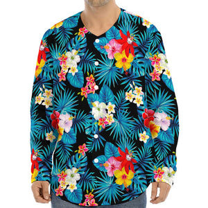 Turquoise Tropical Hawaii Pattern Print Long Sleeve Baseball Jersey