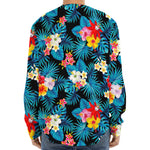 Turquoise Tropical Hawaii Pattern Print Long Sleeve Baseball Jersey