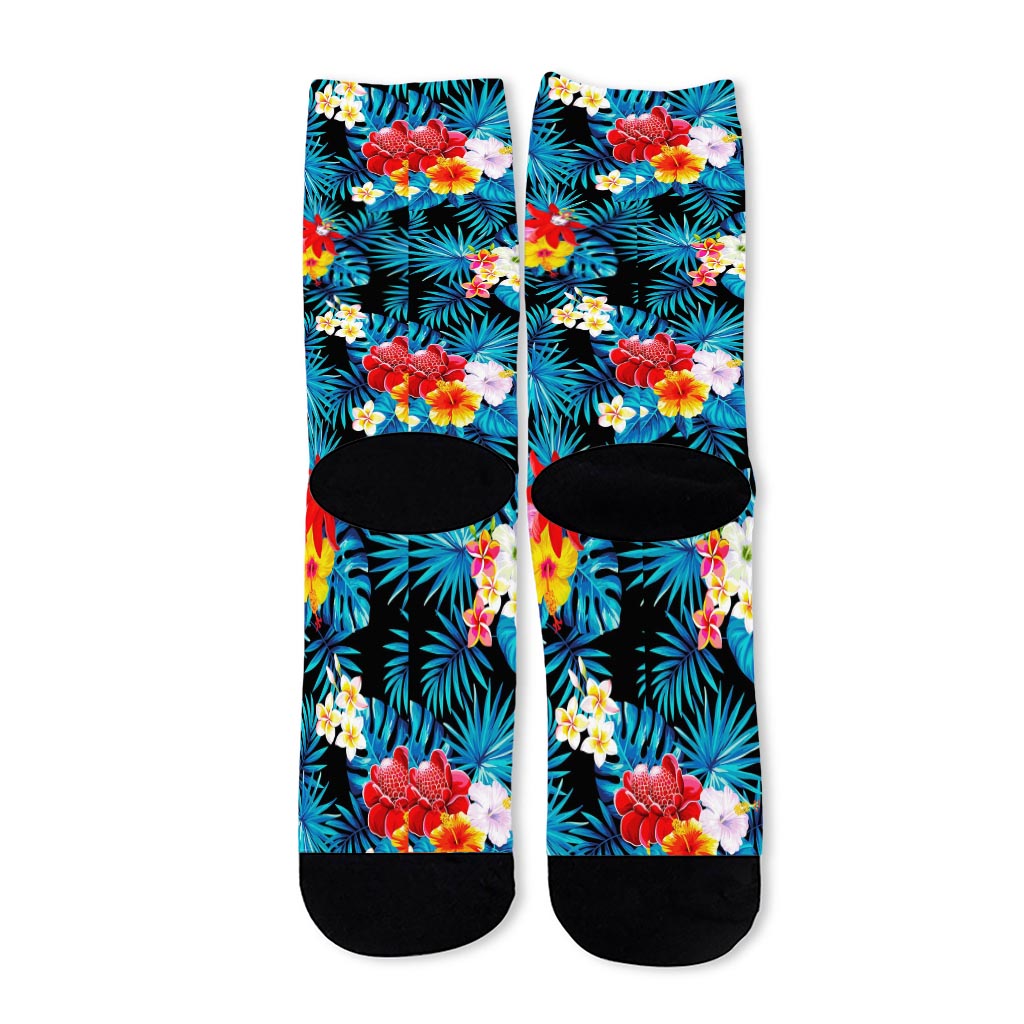 Turquoise Tropical Hawaii Pattern Print Long Socks