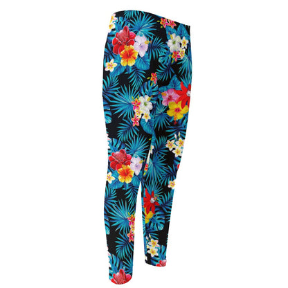 Turquoise Tropical Hawaii Pattern Print Men's Compression Pants
