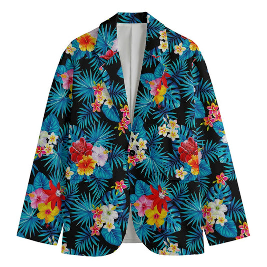 Turquoise Tropical Hawaii Pattern Print Men's Cotton Blazer
