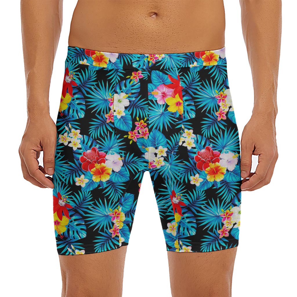 Turquoise Tropical Hawaii Pattern Print Men's Long Boxer Briefs