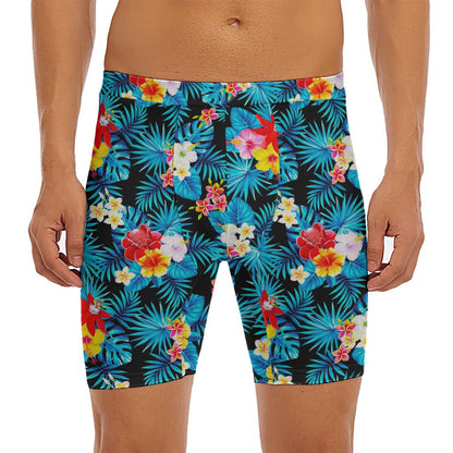 Turquoise Tropical Hawaii Pattern Print Men's Long Boxer Briefs