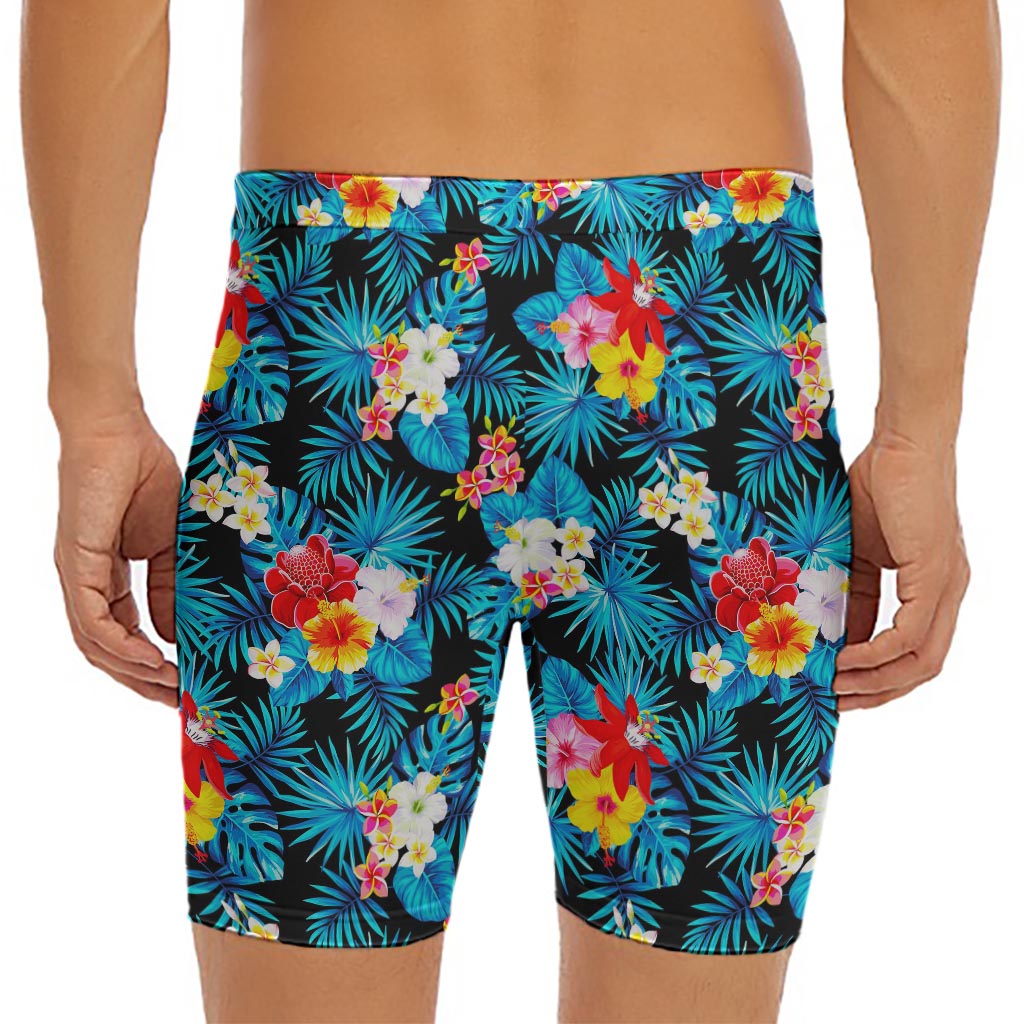 Turquoise Tropical Hawaii Pattern Print Men's Long Boxer Briefs