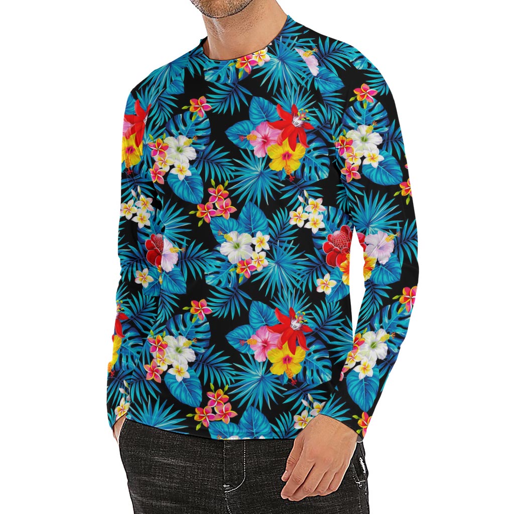 Turquoise Tropical Hawaii Pattern Print Men's Long Sleeve Rash Guard