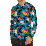 Turquoise Tropical Hawaii Pattern Print Men's Long Sleeve Rash Guard