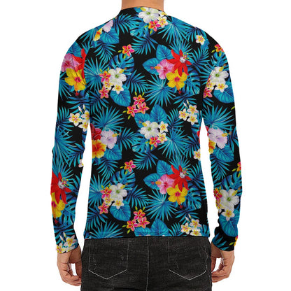 Turquoise Tropical Hawaii Pattern Print Men's Long Sleeve Rash Guard