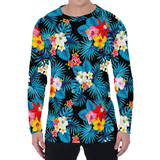Turquoise Tropical Hawaii Pattern Print Men's Long Sleeve T-Shirt