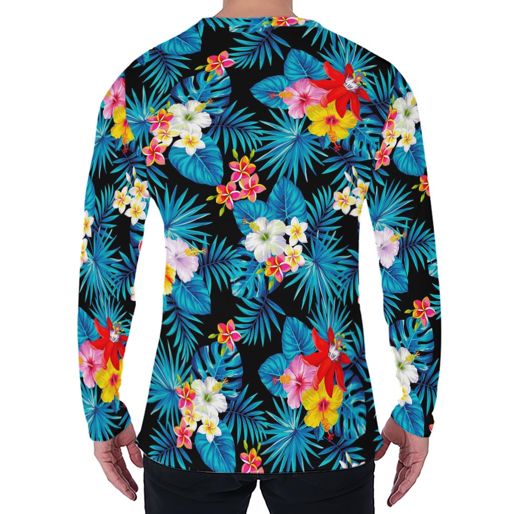 Turquoise Tropical Hawaii Pattern Print Men's Long Sleeve T-Shirt