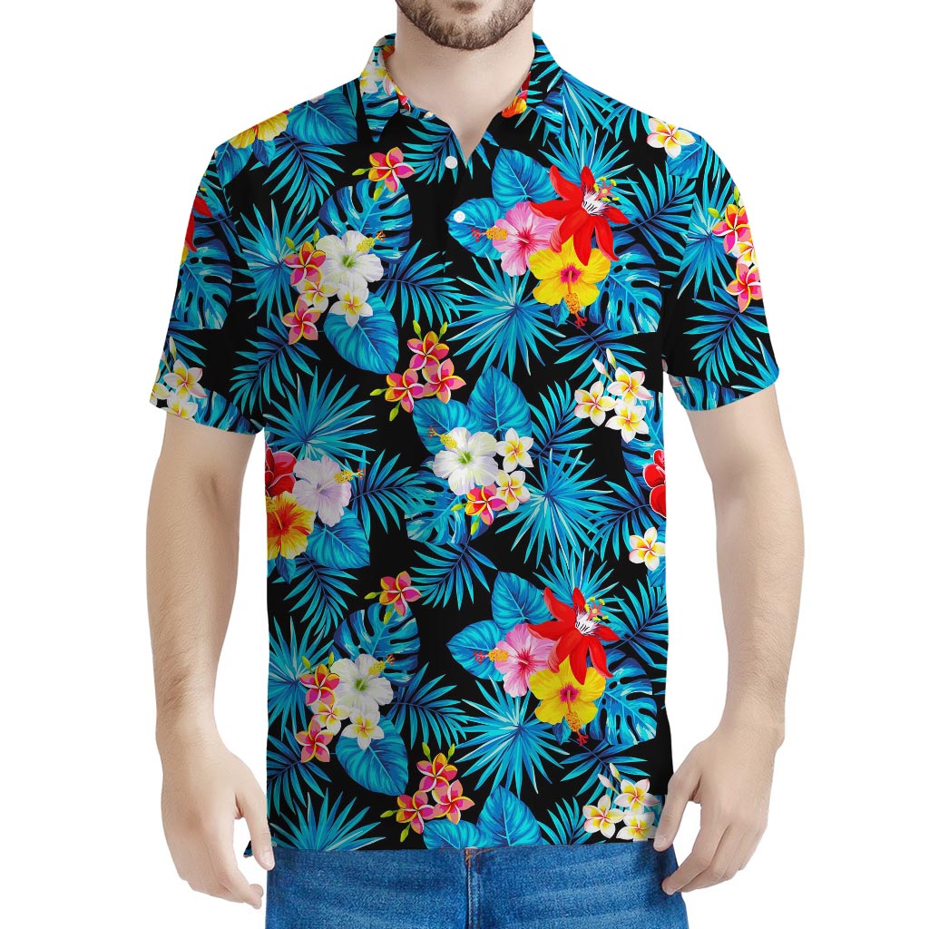 Turquoise Tropical Hawaii Pattern Print Men's Polo Shirt