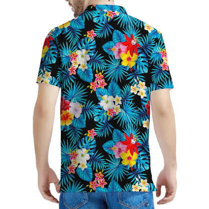 Turquoise Tropical Hawaii Pattern Print Men's Polo Shirt