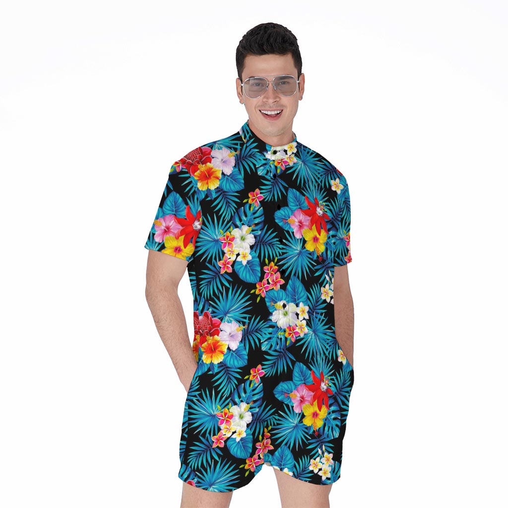 Turquoise Tropical Hawaii Pattern Print Men's Rompers