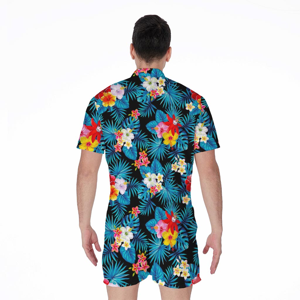 Turquoise Tropical Hawaii Pattern Print Men's Rompers