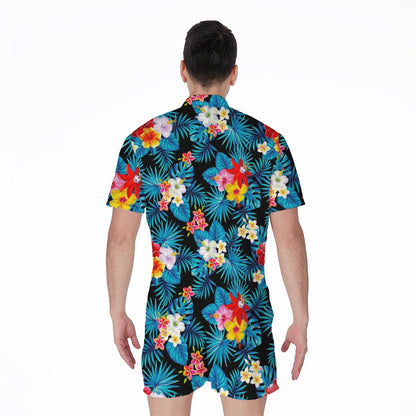 Turquoise Tropical Hawaii Pattern Print Men's Rompers