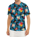 Turquoise Tropical Hawaii Pattern Print Men's Short Sleeve Rash Guard
