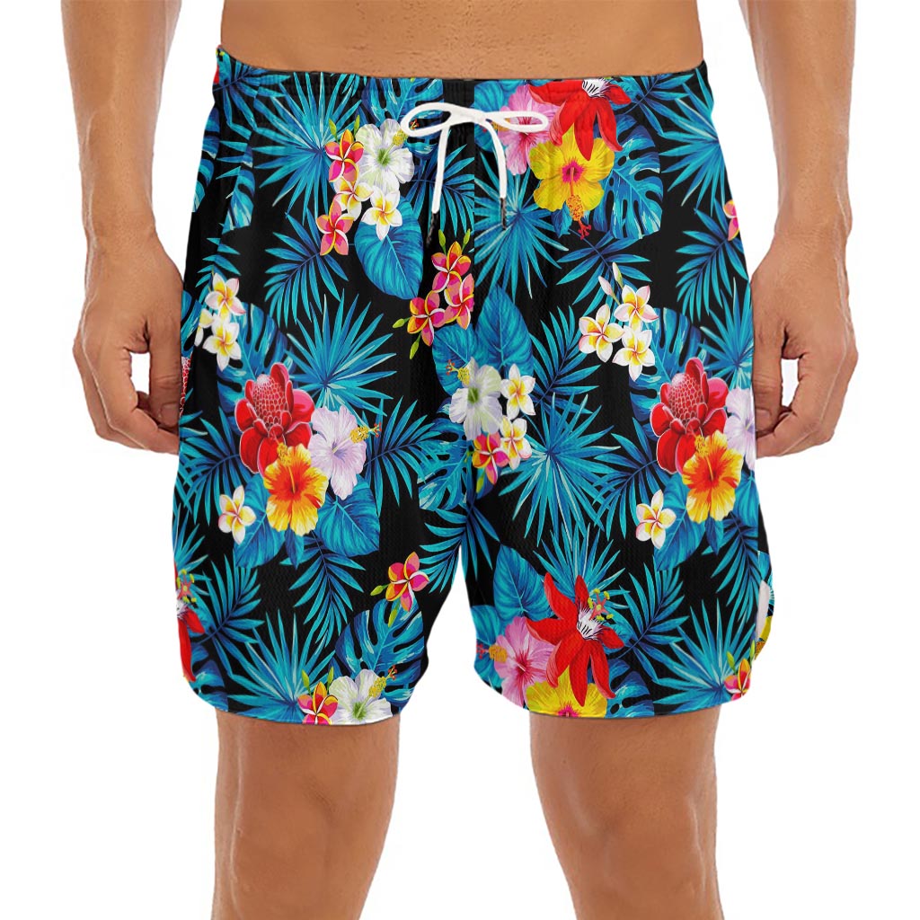 Turquoise Tropical Hawaii Pattern Print Men's Split Running Shorts