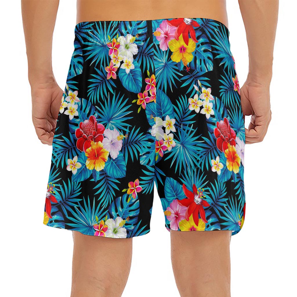 Turquoise Tropical Hawaii Pattern Print Men's Split Running Shorts