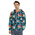 Turquoise Tropical Hawaii Pattern Print Men's Velvet Pullover Hoodie