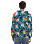 Turquoise Tropical Hawaii Pattern Print Men's Velvet Pullover Hoodie