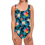 Turquoise Tropical Hawaii Pattern Print One Piece Swimsuit