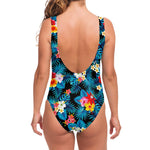 Turquoise Tropical Hawaii Pattern Print One Piece Swimsuit